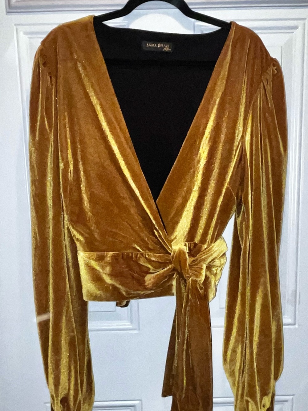 LAURA B Plus Gold Velvet Wrap Blouse with Tie Waist